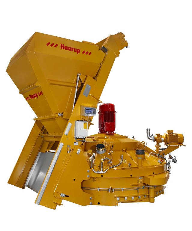 Product photo of a skip hoist including the hoist bucket and mixer.