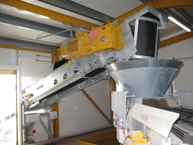 The top of an inclined conveyor shown inside the production building.